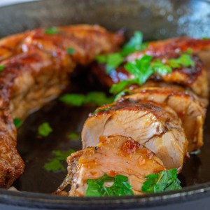 Peach BBQ Glazed Pork Tenderloin over Garlic Roasted Potatoes with Green Beans